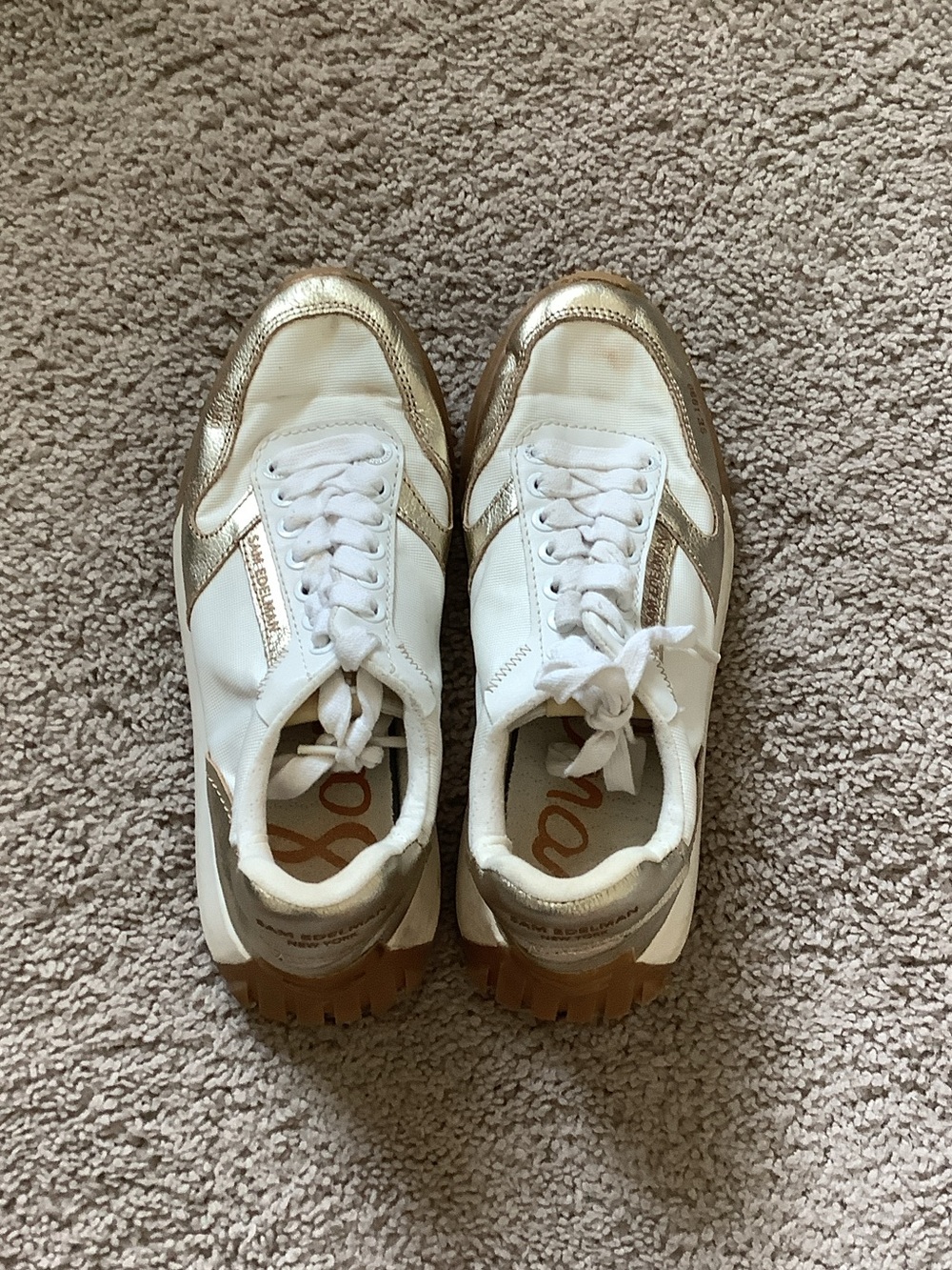 Sam Edelman White Sneakers with Gold Metallic Trim and Gum Sole